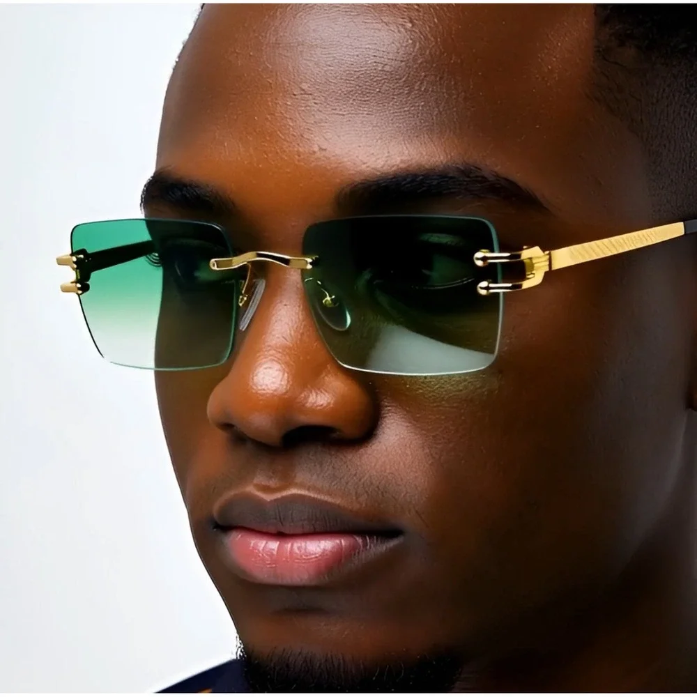 Frameless Square Men Women Sunglasses Gold Frame Green Tint Lens Fashion Eyewear